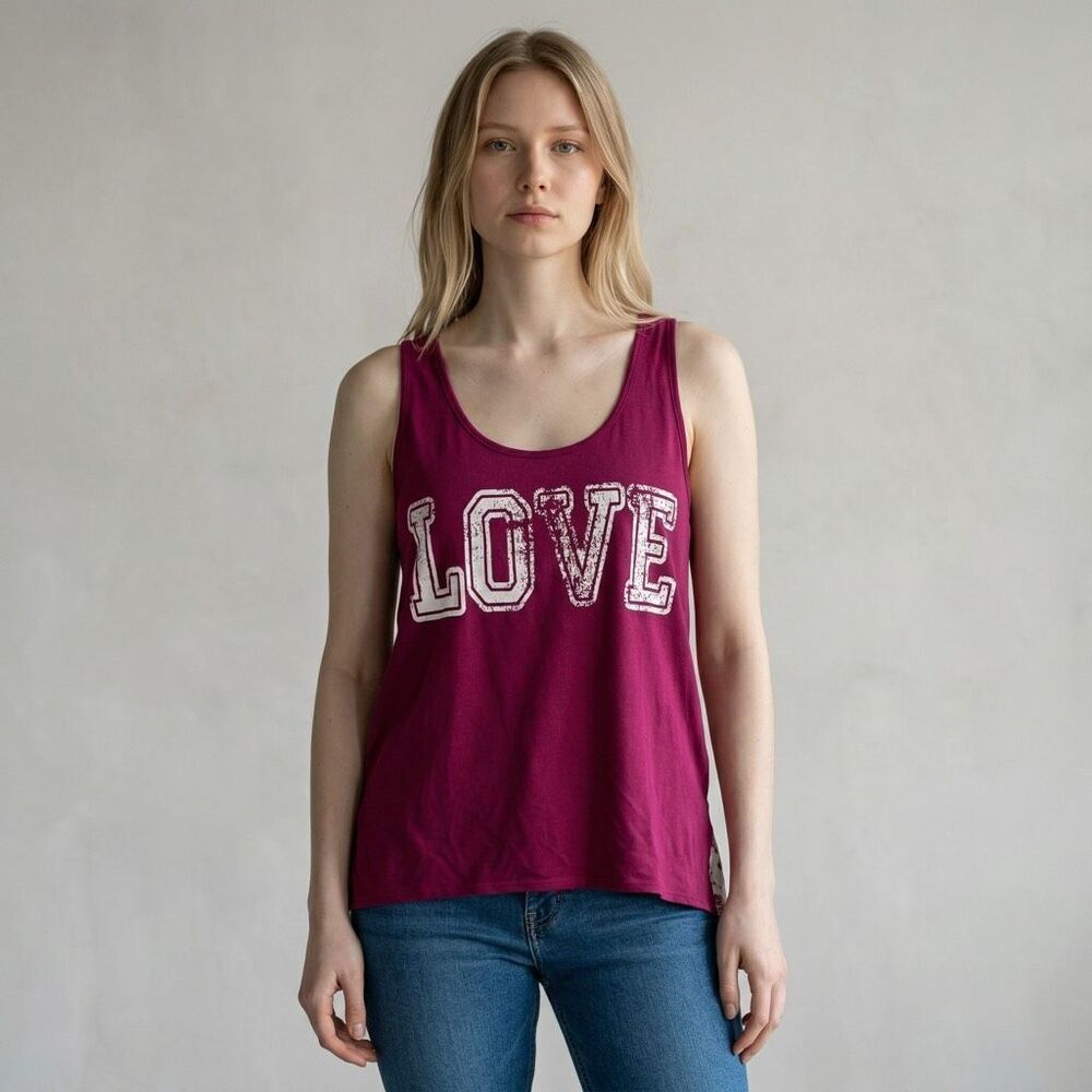 Sugar High LOVE logo Solid Pink Front Floral Back Sleeveless Tank Top Blouse M